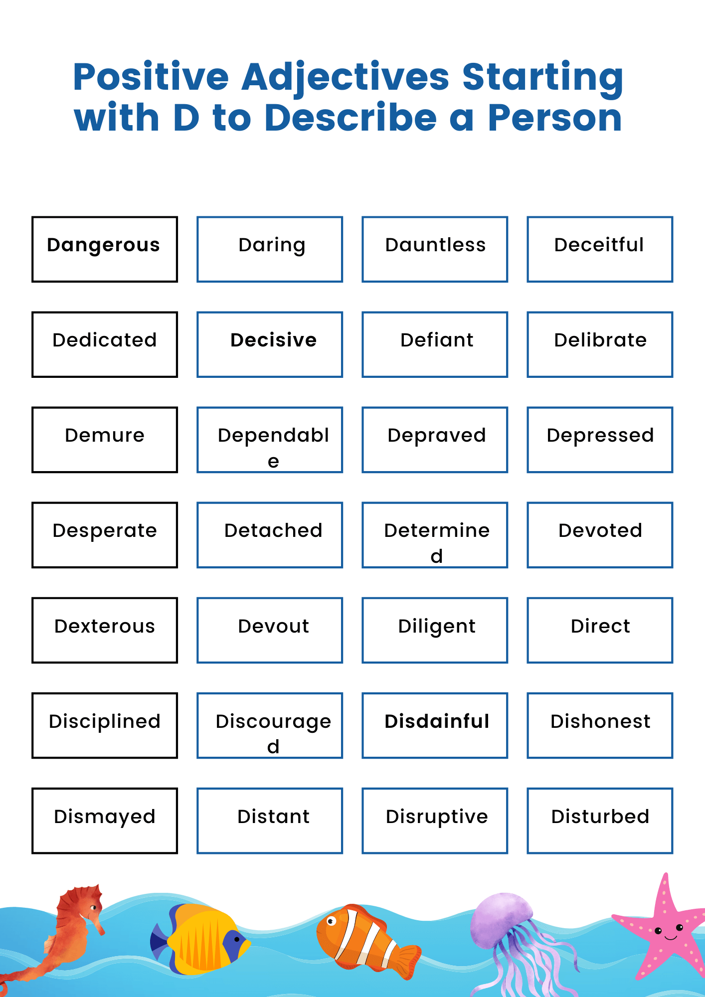 Adjectives that start with D to describe a Person